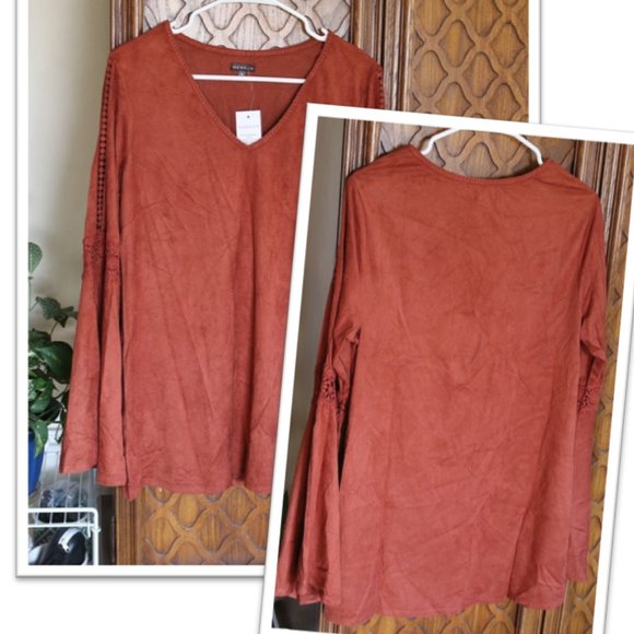 HANNAH Crochet Cutout Faux Suede Bell Sleeve Boho Tunic Top - NWT! - Picture 14 of 14